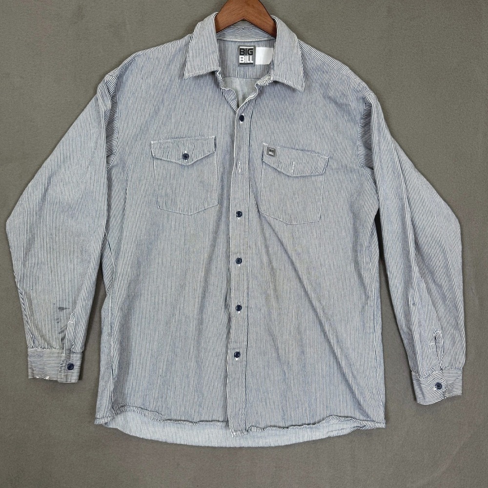 Vintage Big Bill Work Shirt Men XL Blue Hickory Stripe Cotton Railroad Pockets